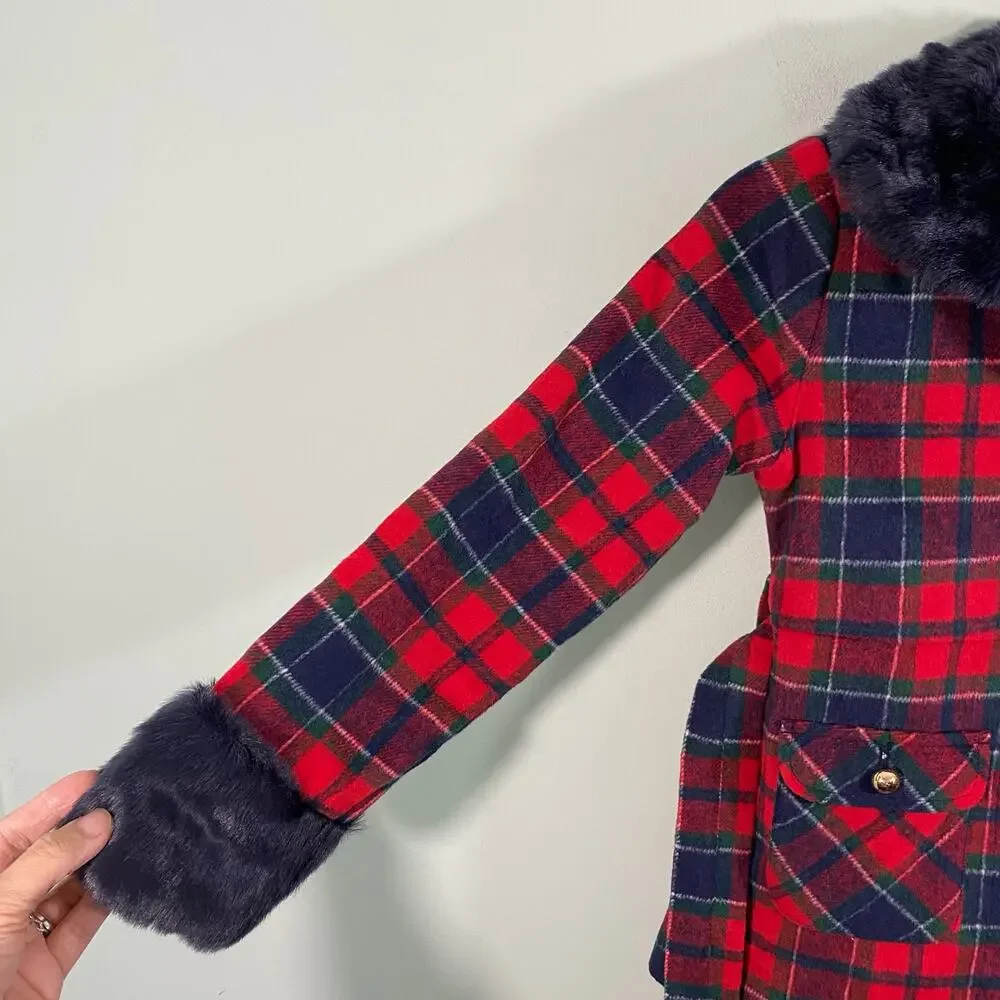 Janie & Jack X American Girl Navy & Red Tartan Plaid Fur-Trim Plaid Coat Sz 7-8
